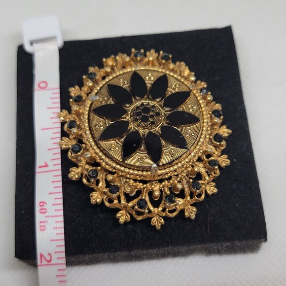 Florenza Gold Black Brooch Glass Round Pin Black Rhinestones OS Vintage - Picture 8 of 11